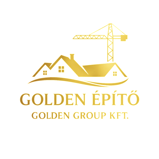 Golden Építő logó – építőipari kivitelező cég logója daru és ház motívummal